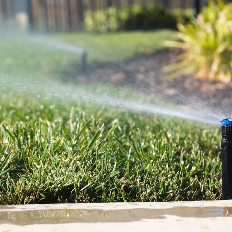 A low angle photo of a sprinkler spraying over grass